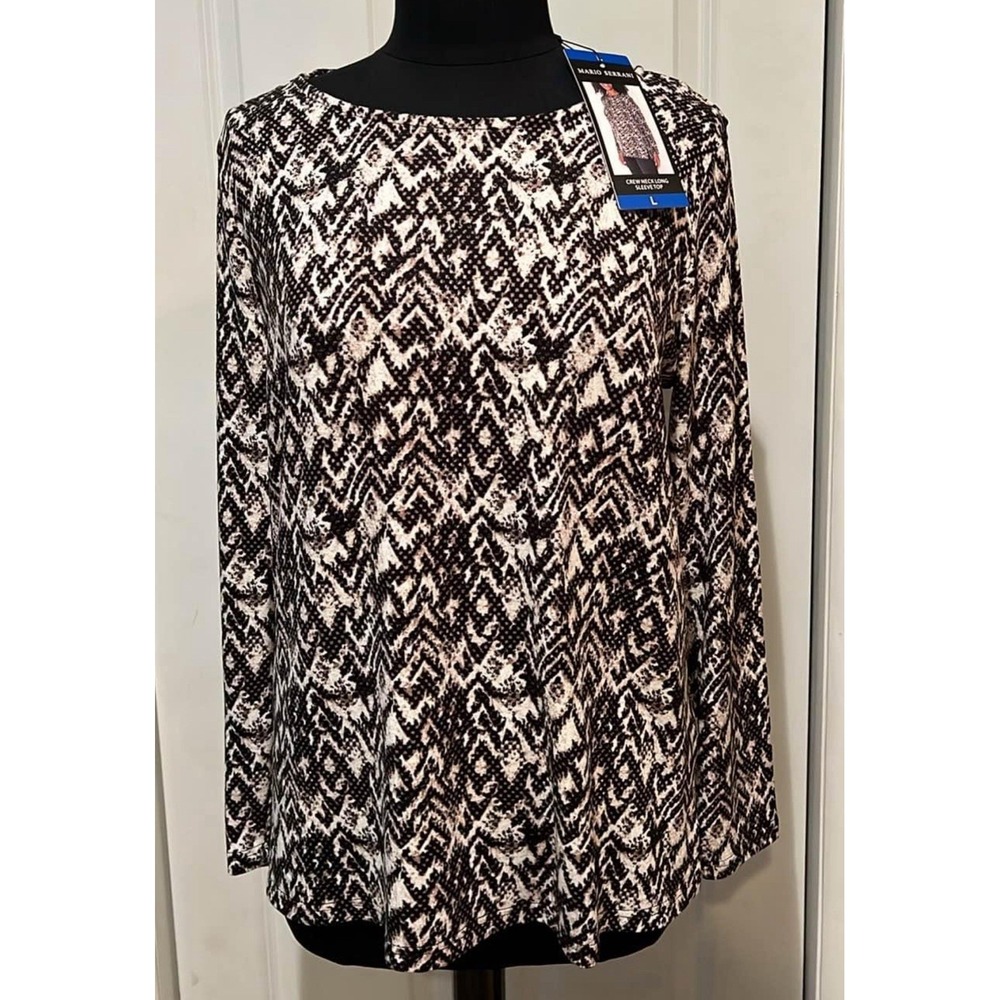 L -Mario Serrani Woman's Black/Ivory Crew Neck Long Sleeve Top 1619294 So Soft!